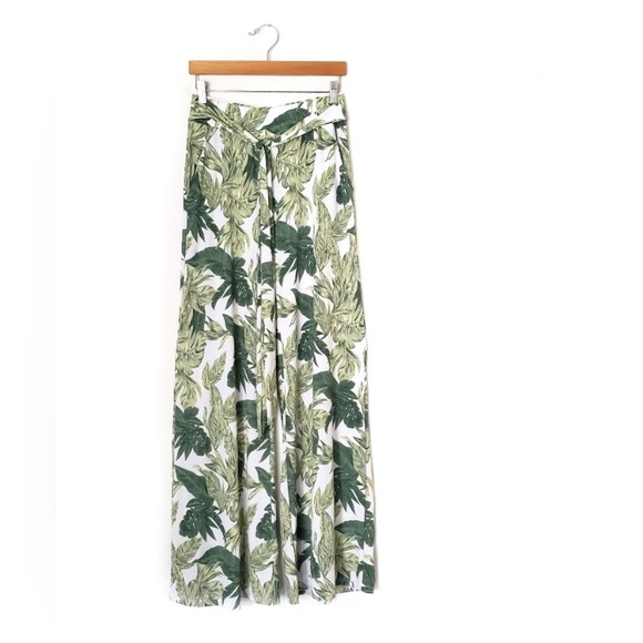 Vin Vin | Palm Leaf Print Tie Waist Wide Leg Resort Pants With Pockets Vacation - Picture 3 of 7